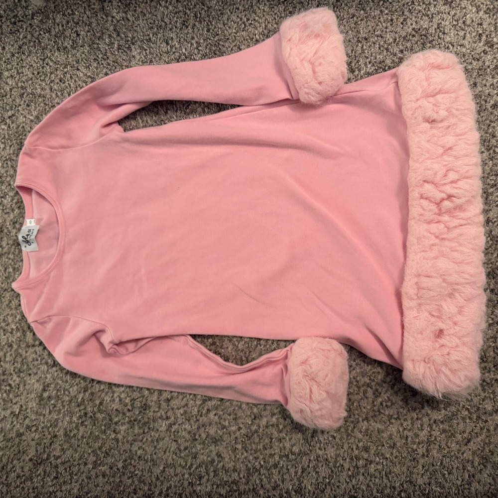 Lola + The Boys Penelope Pink Faux Fur Trim Long Sleeve Dress Girls Size 8 - Picture 2 of 5